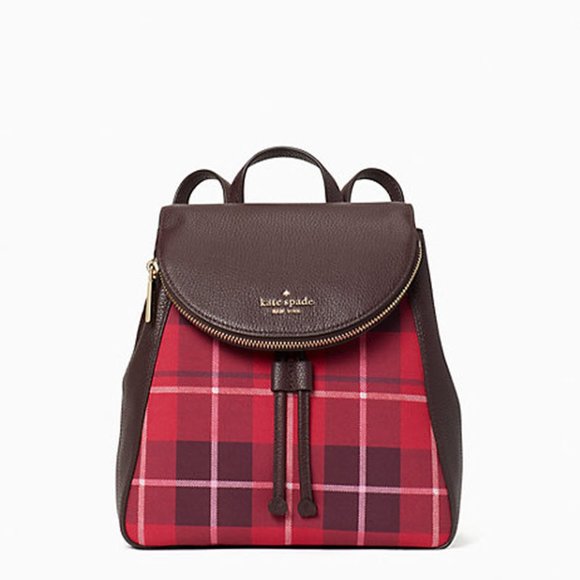 KATE SPADE LEILA MEDIUM FLAP BACKPACK TOTE BAG classic plaid LEATHER